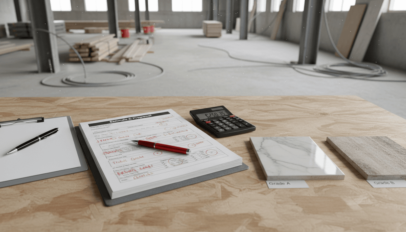 Half-renovated HDB kitchen with a spreadsheet and calculator on the marble countertop
